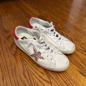 Golden Goose White Leather Sneakers with Pink Glitter Star and Red Heel